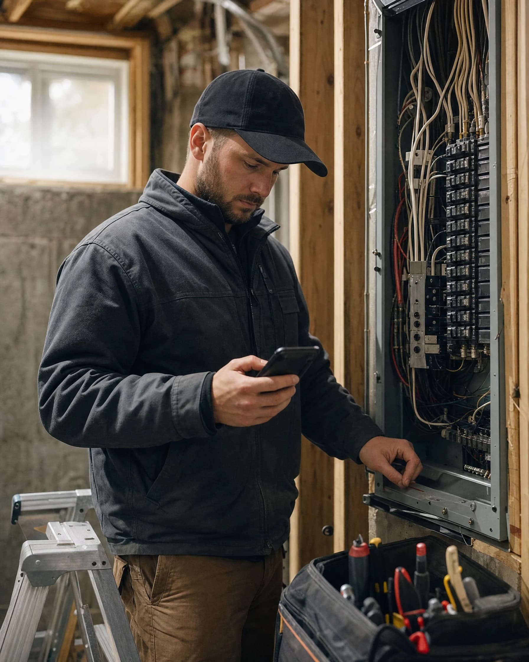 An electrician at an open panel in a basement, checking his phone.