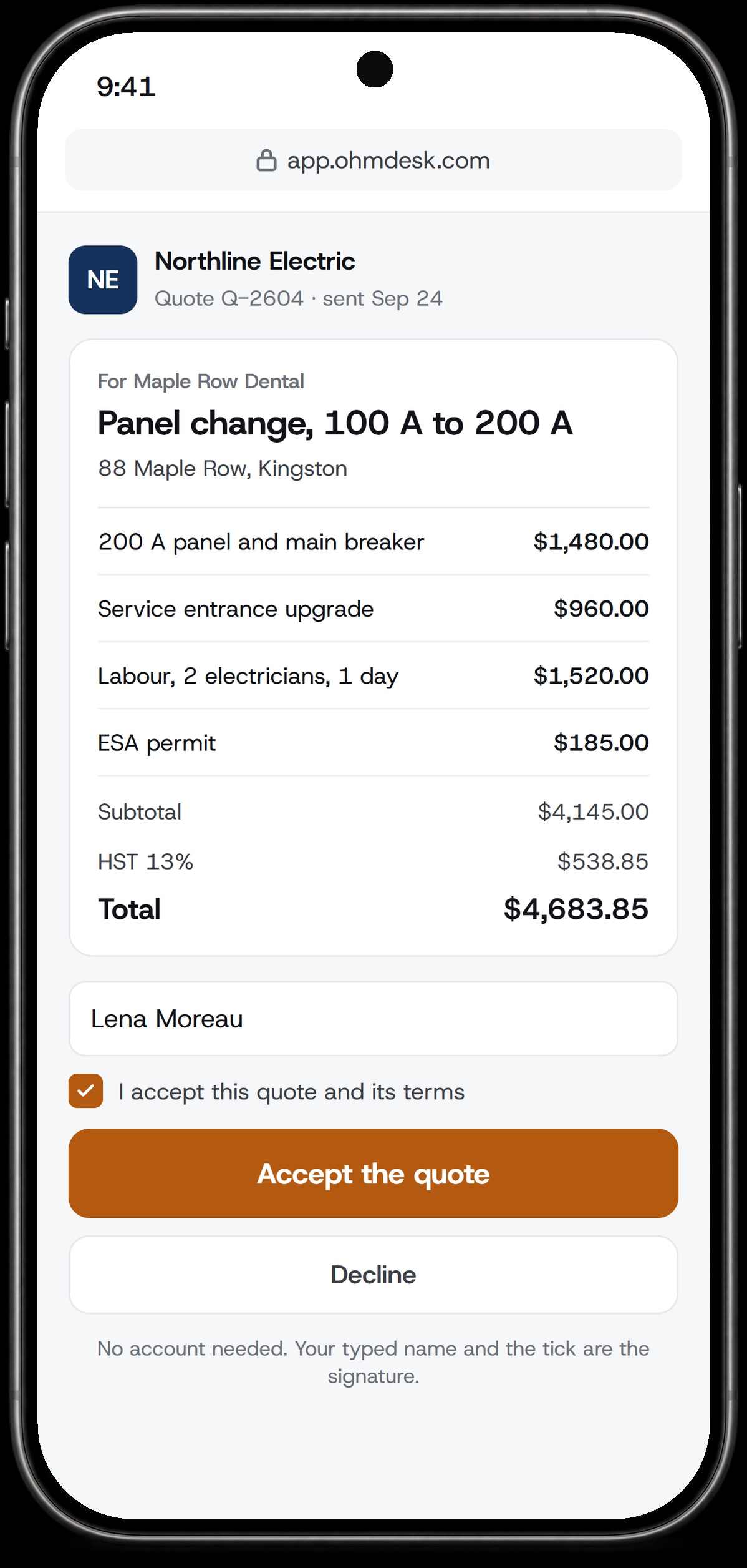 A customer's phone showing a Northline Electric quote for a panel change: they type their name, tick the box and accept.
